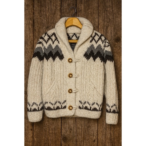 Vtg Women's Hand Knit Cowichan Cardigan Sweater Wool Long Sleeves